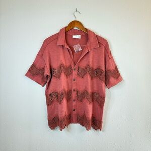 Free People We The Free Rust Crochet Button Up Oversized Shirt Sz XS NWT